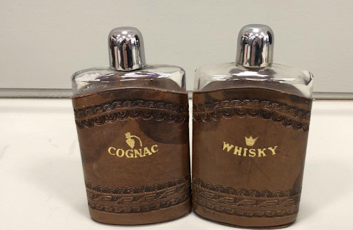 Leather Flask Set with Whisky and Cognac Bottles, Travel Bar Kit with Case & Cups