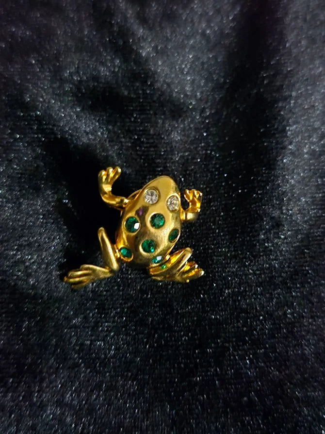 Gold Frog Brooch with Green Rhinestones | Whimsical Collectible Statement Jewelry