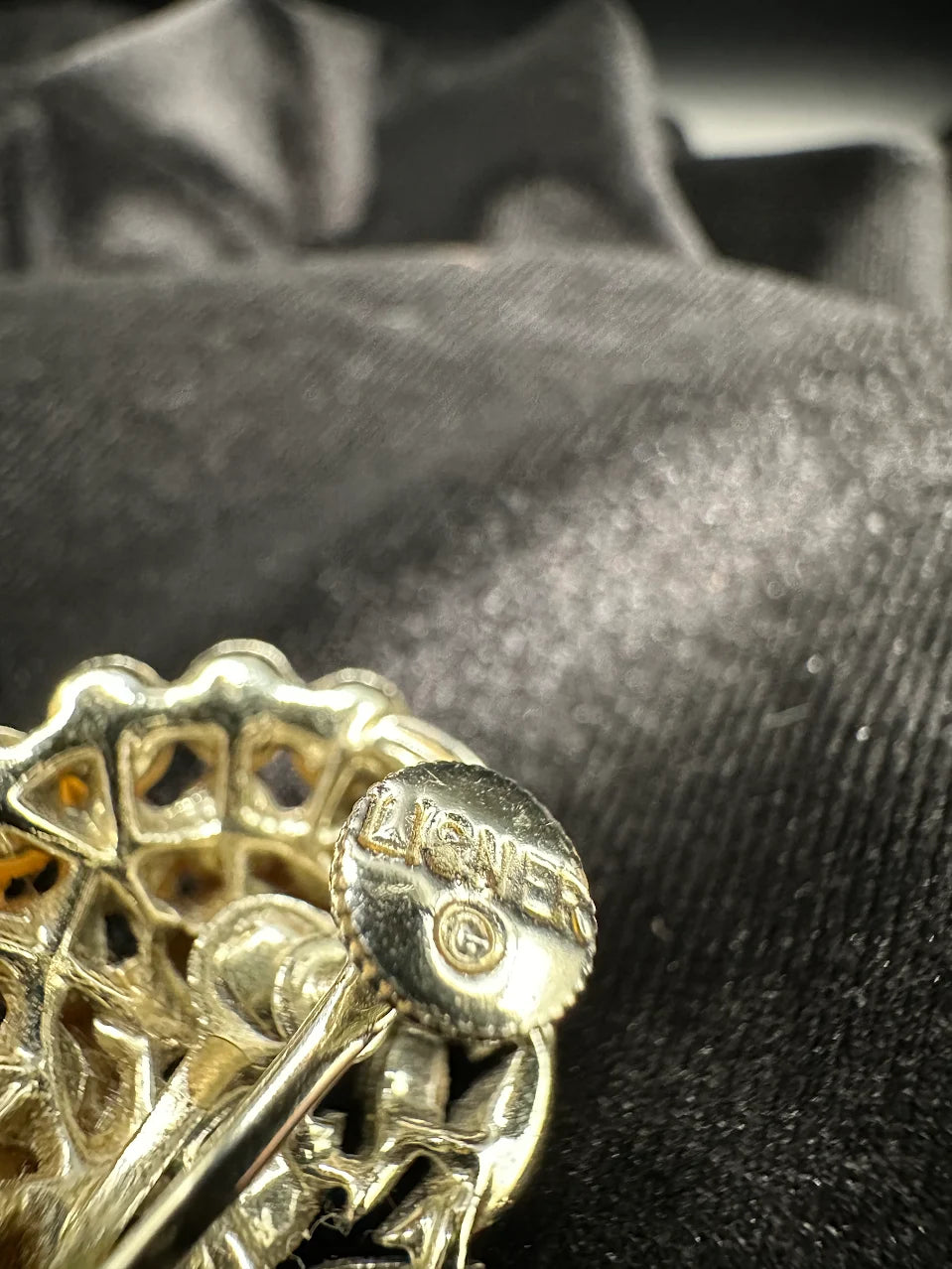 Signed Lisner gold-tone cluster clip earrings with cream faux pearls and leaf details, view 4