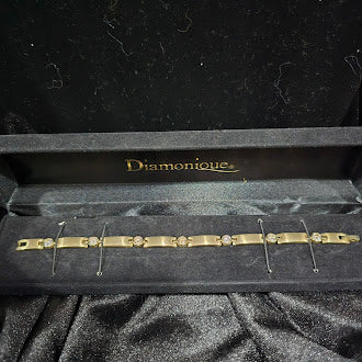 Vintage Diamonique Gold Tone Rhinestone Link Bracelet with Original Box, Simulated Diamond Tennis Style Bracelet 18.5cm Estate Glam Jewelry