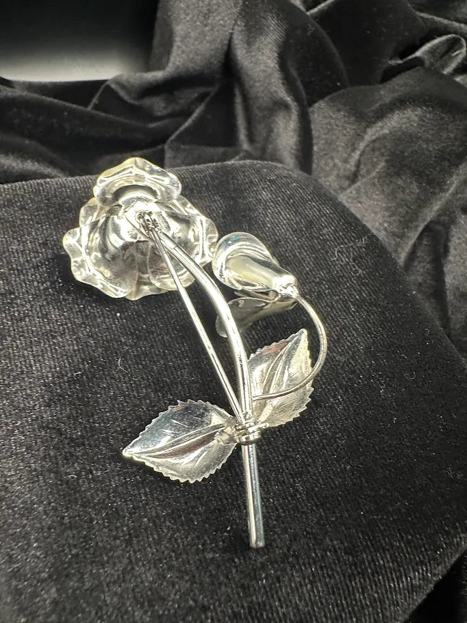 (SOLD) Silver Tone Rose Brooch | Vintage Dimensional Floral Stem Pin
