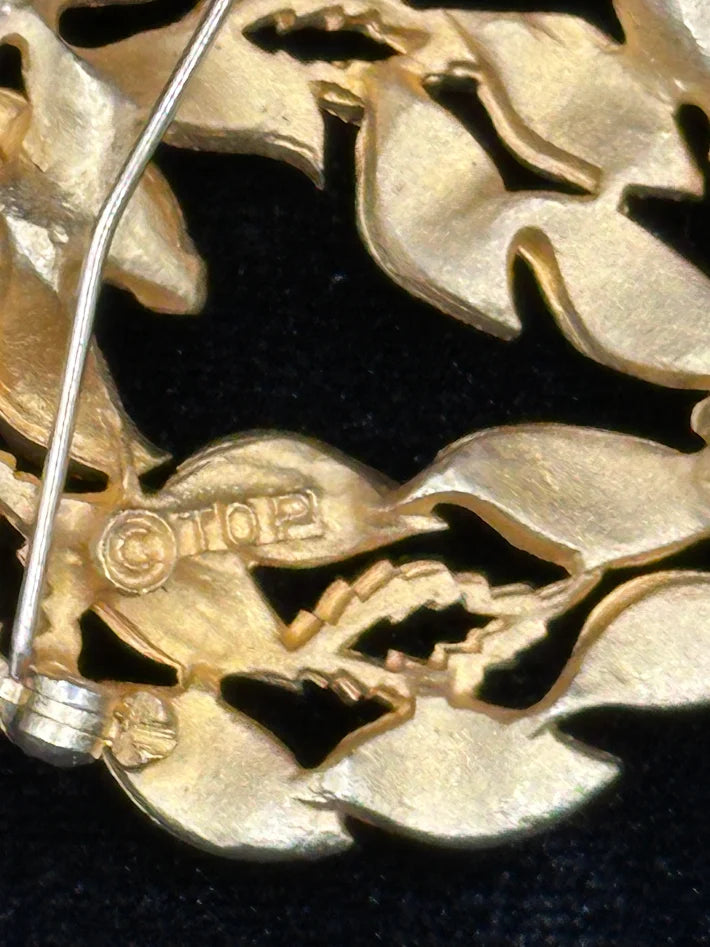 Signed TOP gold-tone leaf wreath brooch with marquise-cut clear crystals, view 3