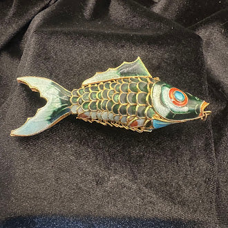 Large Cloisonné Articulated Fish Pendant Green Enamel Gold Tone Wirework Statement Necklace Charm