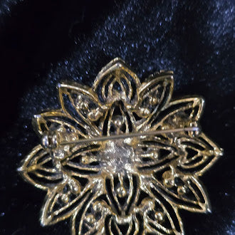 Gold Tone Purple Pink Rhinestone Flower Brooch Sparkly Floral Pin Layered Petal Design Statement Jewelry Safety Clasp