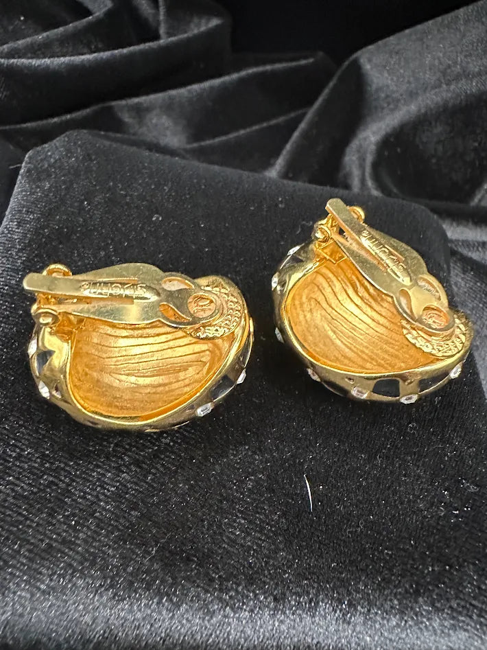 Gold-tone dome clip earrings fully set with clear pavé crystals, view 5