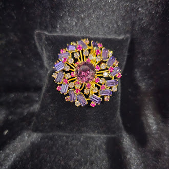 Vintage Austria Signed Gold Tone Rhinestone Brooch with Pink and Lavender Baguette Crystals, Starburst Floral Cluster Design, Estate Statement Jewelry