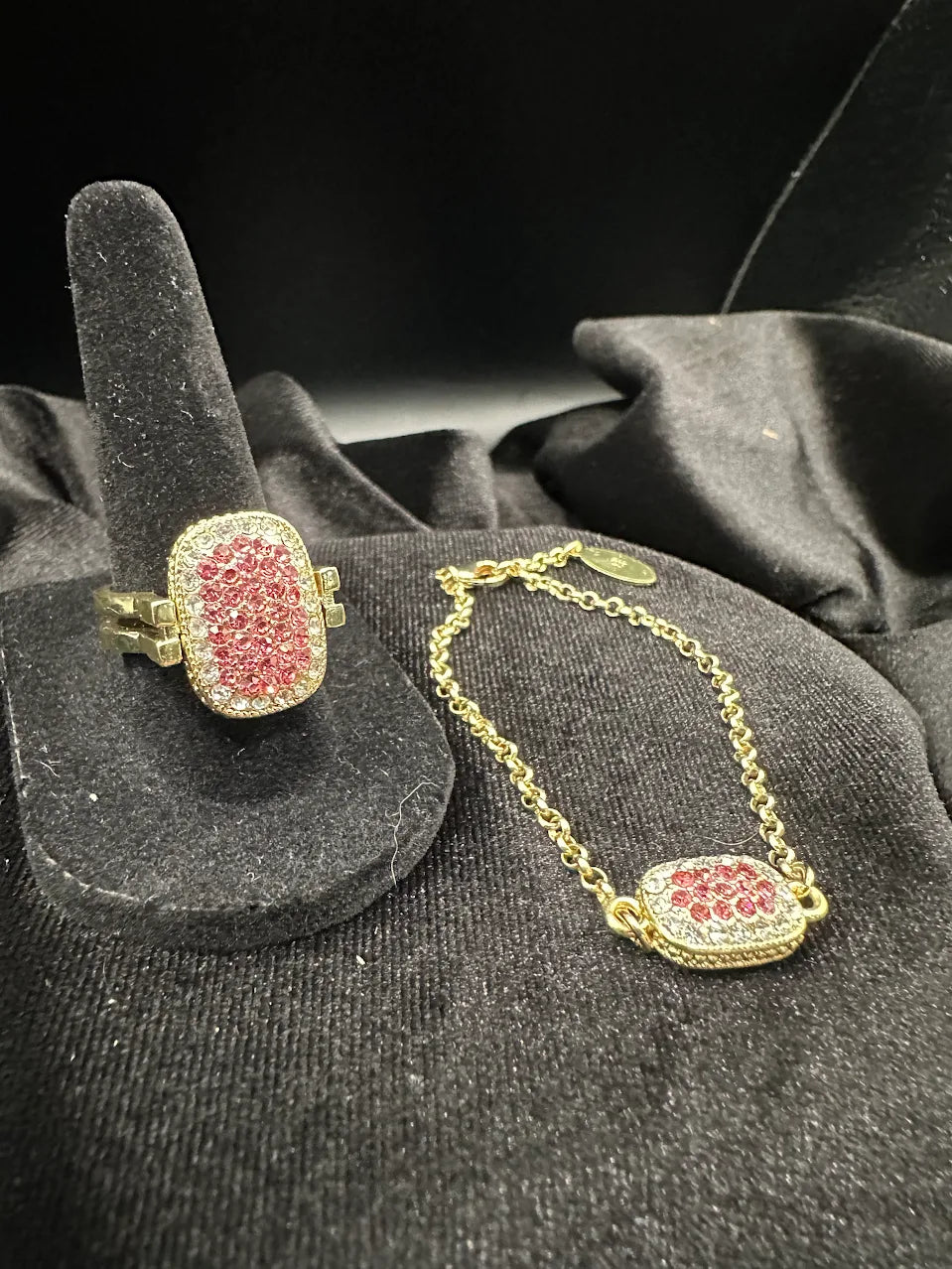 Heidi Daus Reversible Crystal Ring & Bracelet Set Red Pink Pave Statement Designer Jewelry