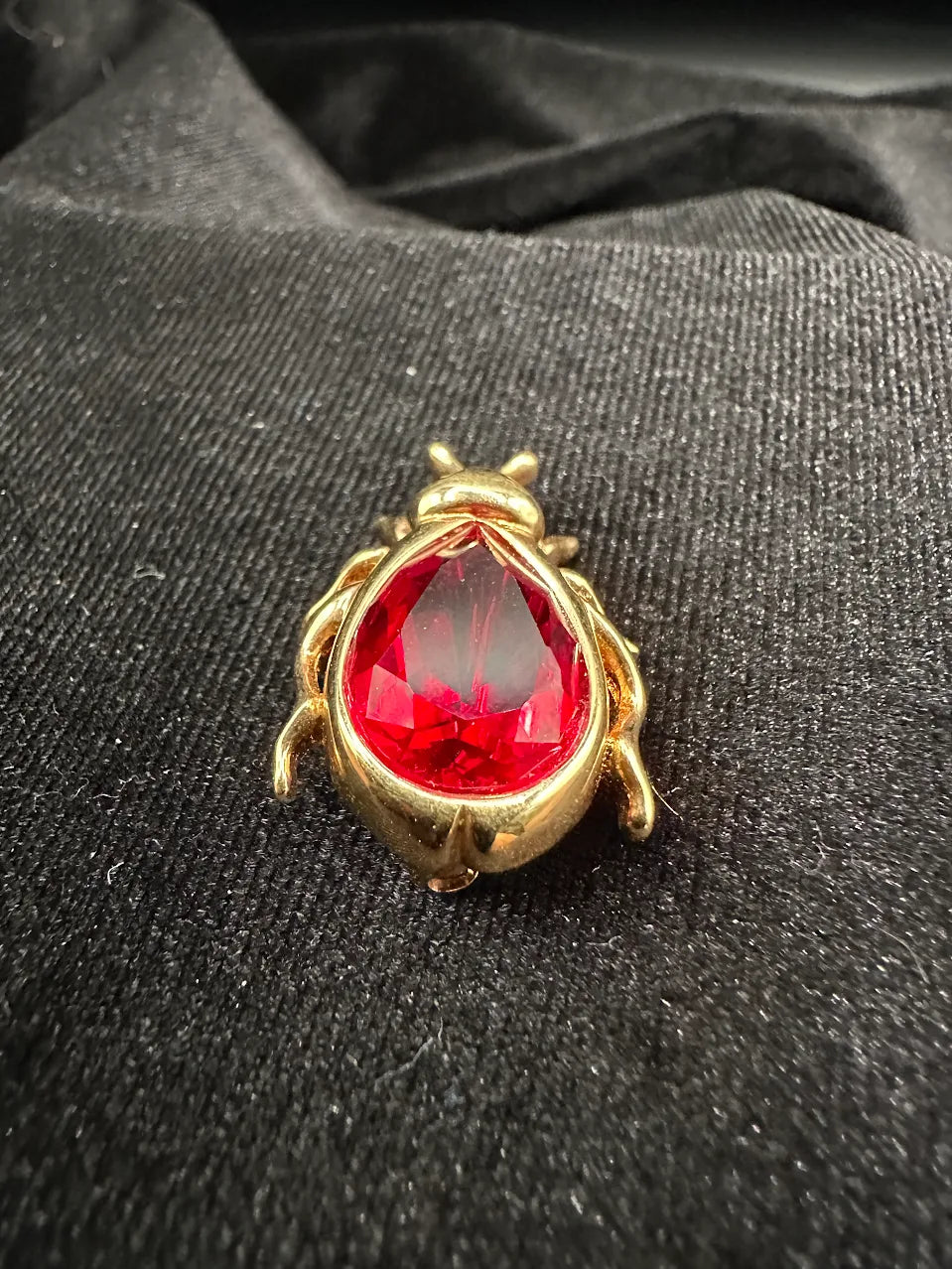 Gold-tone beetle brooch with red teardrop crystal body, view 2