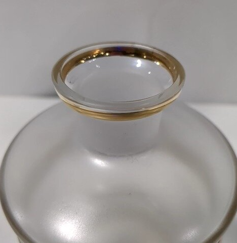 Mid-Century Frosted Glass Decanter and 5 Glasses, Gold Band