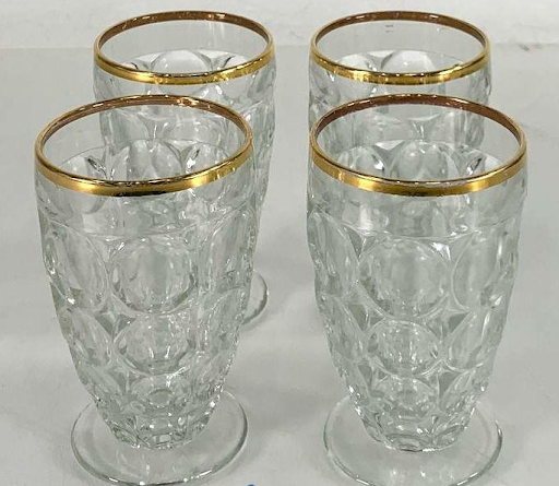 Jeannette Thumbprint Glass Beverage Set Gold Rim Pitcher Glasses Tray Vintage