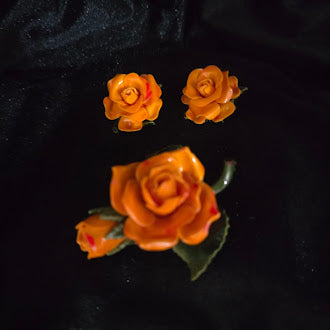 Orange Rose Brooch and Matching Clip-on Earring Set
