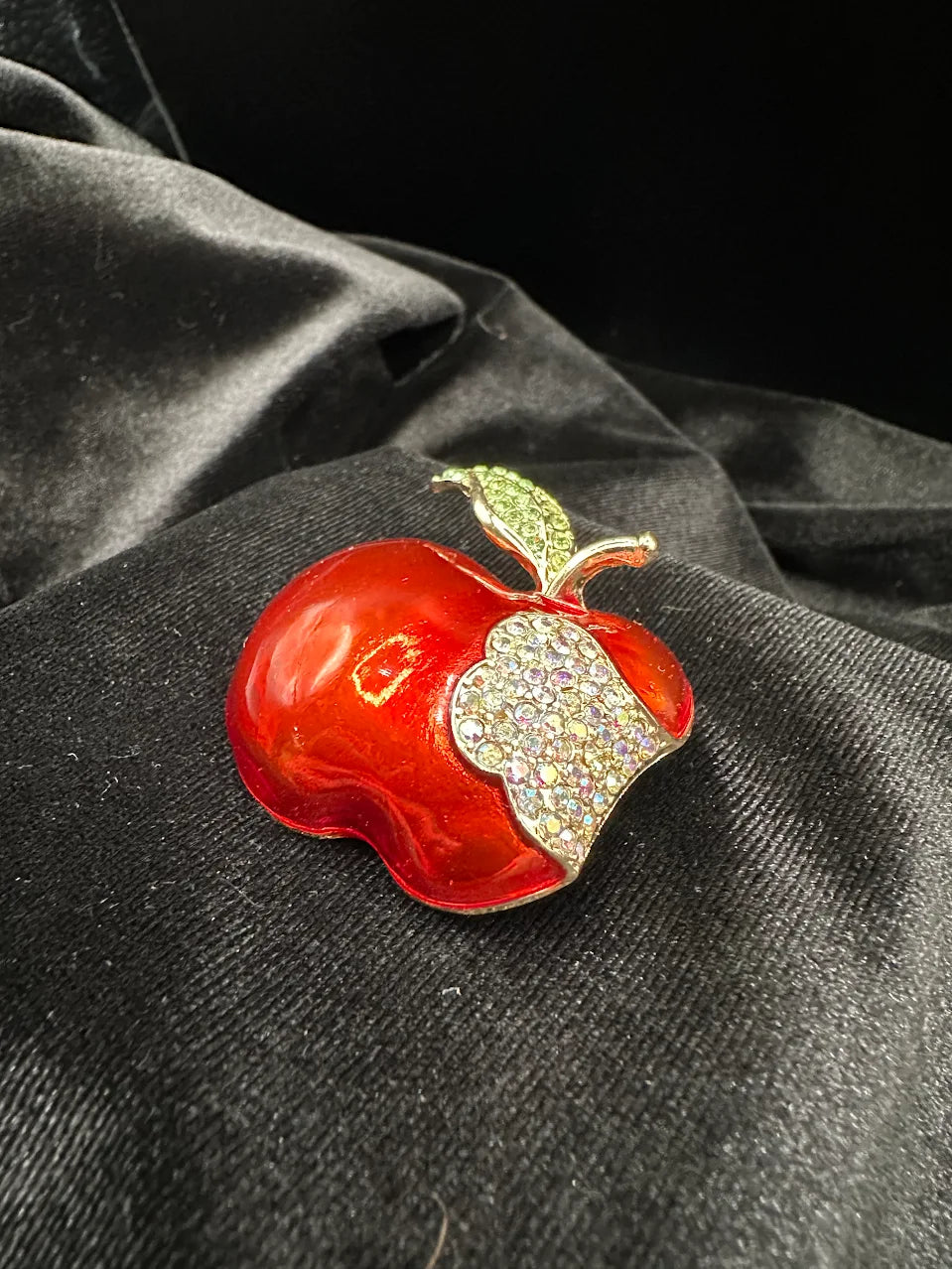 Red enamel-style apple brooch with crystal bite and crystal leaf, view 3