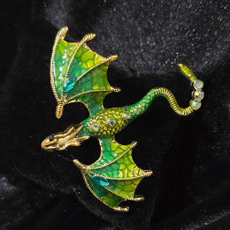 Vintage Gold Tone Green Enamel Flying Dragon Brooch with Rhinestone Accents | Fantasy Creature Statement Pin