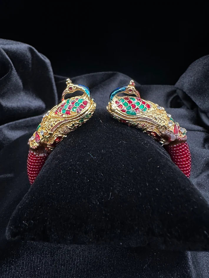 Peacock Statement Bracelet Red Beaded Cuff Gold Tone Double Head Crystal Bracelet