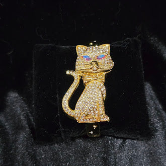 Vintage Wincci Crystal Cat Bracelet with Hidden Watch Gold Tone Rhinestone Figural Cat Cuff Curated Estate Glam