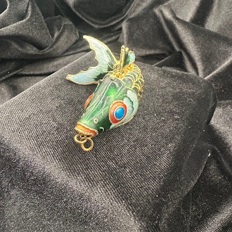 Large Cloisonné Articulated Fish Pendant Green Enamel Gold Tone Wirework Statement Necklace Charm