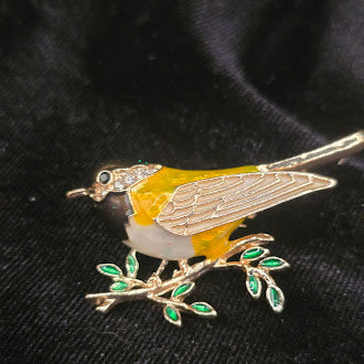 Gold Tone Enamel Songbird Brooch Yellow and White Bird on Branch Pin