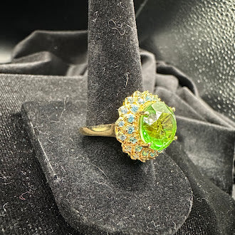 EverTrue Green Quartz Jadeite Style Halo Ring Gold Tone Blue Accent Stones Statement Ring