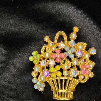 Signed ART gold-tone flower basket brooch with pastel beads and rhinestones, view 2