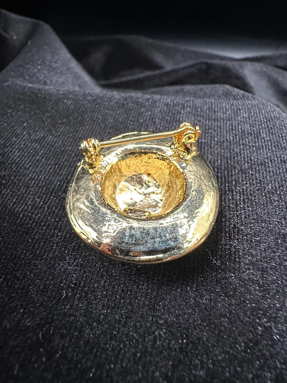 Red crystal wide brim hat brooch with gold-tone edging and small floral details, view 2