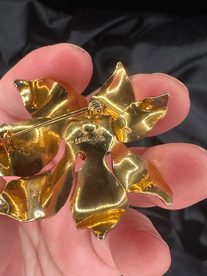 Signed Cerrito gold-tone poinsettia brooch with layered red enamel petals and bead center, view 2