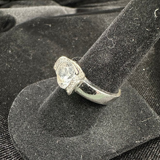 Vintage 925 Sterling Silver CZ Cocktail Ring Round Solitaire 4.5g with Pavé Shoulders Size 6