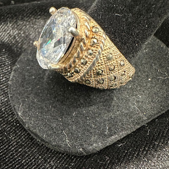 Gold Tone Filigree Oval CZ Statement Ring Vintage Cocktail Ring Size 8.5