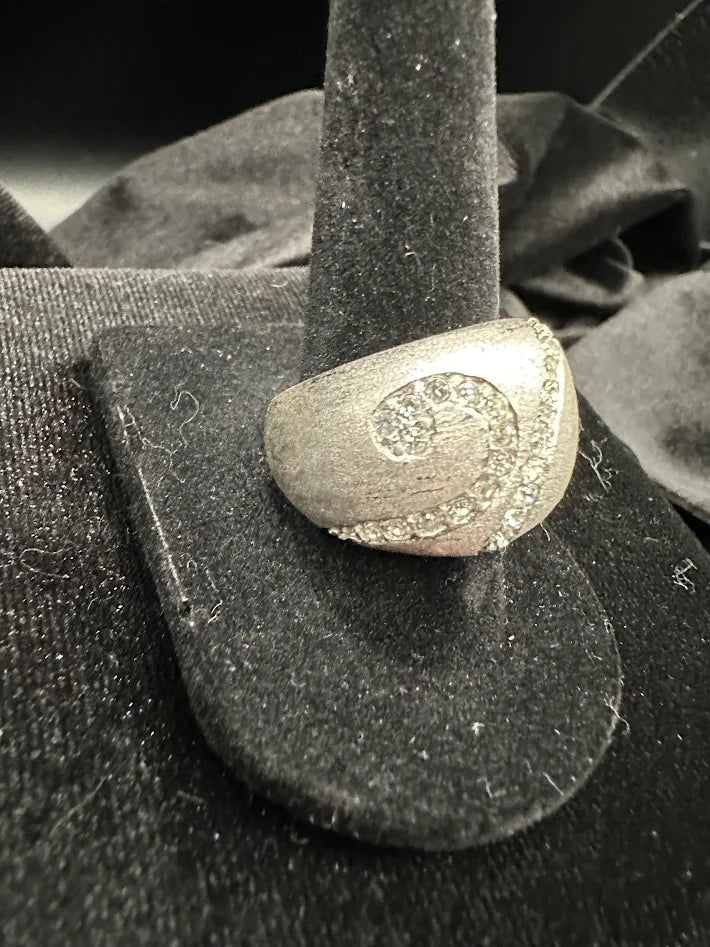 (SOLD) 925 Sterling Silver Brushed Dome Ring Chunky Statement Ring Swirl Texture Crystal Accent Size 8