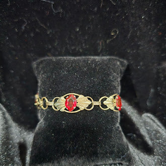 Vintage 925 Vermeil Gold Over Sterling Bracelet with Red Rhinestones, Leaf Link Stations, Romantic Estate Style, 7.93g Designer Look