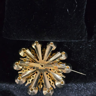 Gold-tone sunburst flower brooch with yellow and clear rhinestones in layered petals, view 5