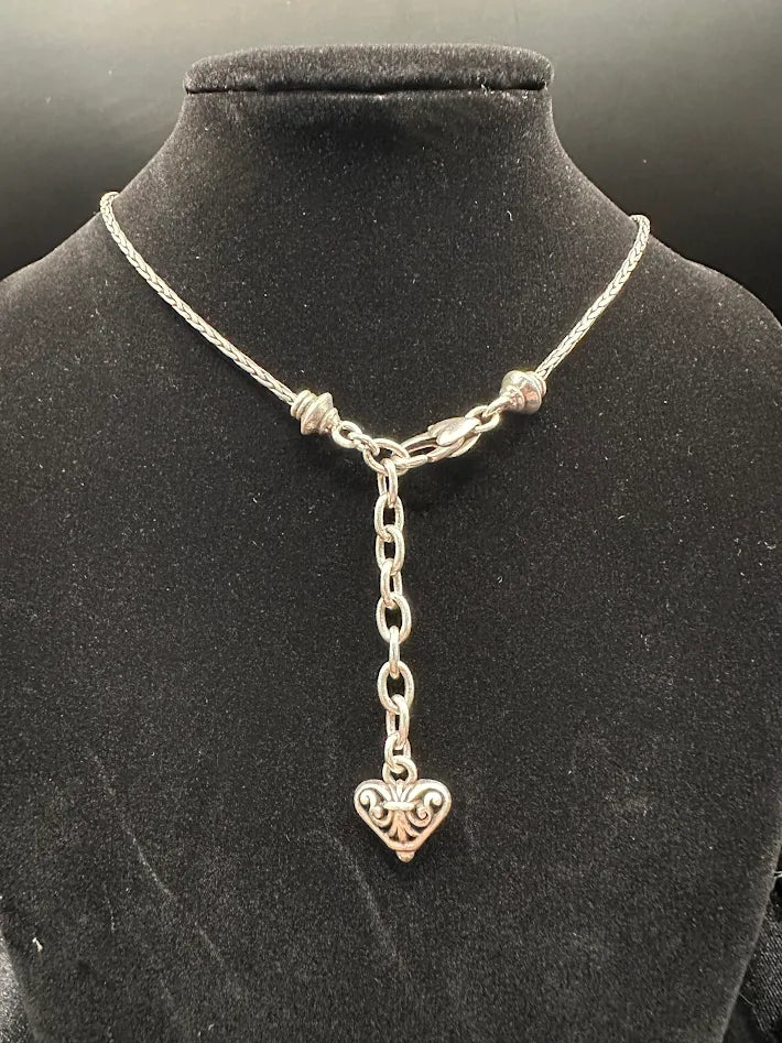 Brighton Silver Tone Foxtail Chain Pendant Necklace Ornate Square Scroll Design Signed 19g