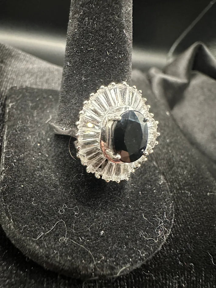 Sterling Silver 925 Sapphire CZ Cocktail Ring Size 8 Baguette Halo Statement Vintage Style