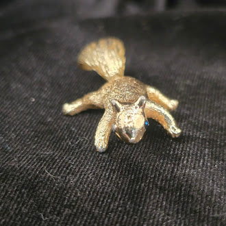 Gold-tone textured squirrel brooch with raised tail and blue eye, view 2