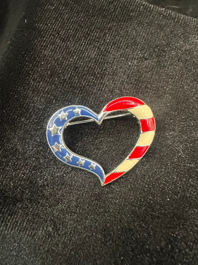 NOAV silver-tone patriotic heart brooch with red, white and blue enamel, view 4