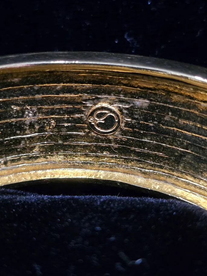 Vintage St. John Gold Tone Wide Rhinestone Hinged Bangle Bracelet Heavy Statement Cuff 97g Designer Jewelry