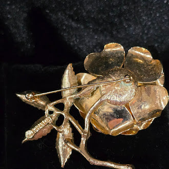 Vintage Sarah Coventry Flower Brooch Amber Rhinestone Enamel Leaves Gold Tone Floral Estate Designer Pin