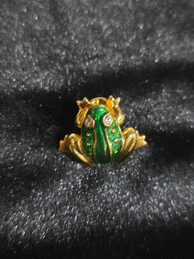 Signed Avon gold-tone frog brooch with green enamel body and clear rhinestones, view 2