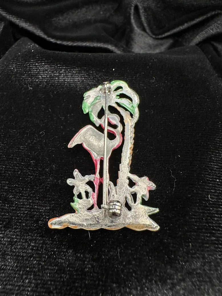 Vintage Pink Flamingo Brooch Tropical Palm Tree Enamel Bird Pin Florida Vacation Style