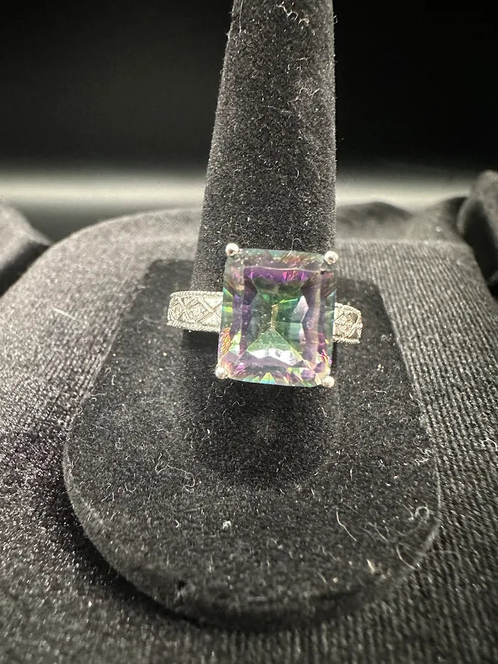 Sterling Silver Mystic Quartz Ring | Peacock Rainbow Faceted Stone | Size 8 Statement Ring