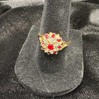 Vintage Style Gold Electroplate Ruby Red & Clear Crystal Floral Cocktail Ring – Size 6.75