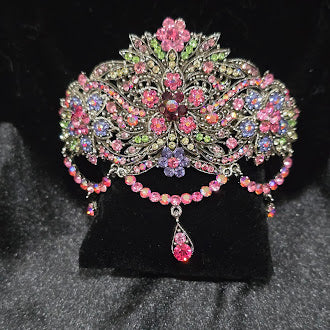 Vintage Style Silver Tone Rhinestone Barrette Hair Clip with Pink and Lavender Crystals, Ornate Filigree Scrollwork, Bridal Glam Accessory