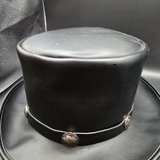 Black Faux Leather Flat Top Hat | Button Band Detail Structured Fashion Hat