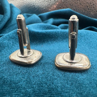 Silver-tone square tie tacks with black enamel faces and chain backs, view 5