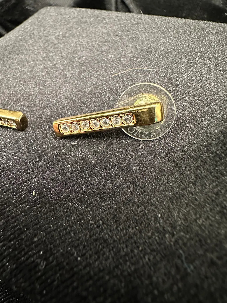 Swarovski gold-tone bar stud earrings with row of clear crystals, view 4