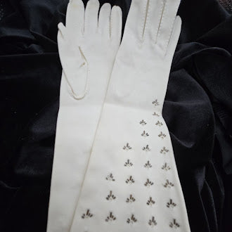 Vintage white beaded long dress gloves embellished opera style ladies gloves