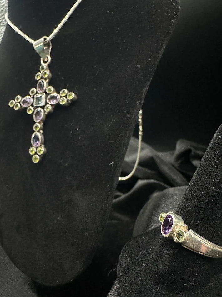 925 Sterling Silver Amethyst Peridot White Topaz Cross Pendant Necklace Ring Set Gemstone Jewelry