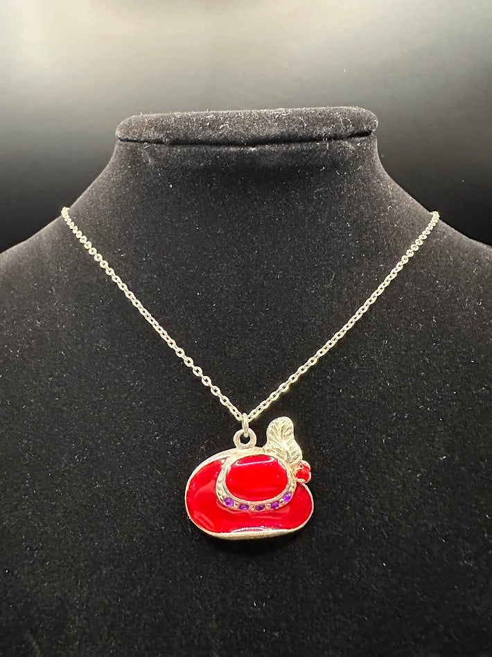 Tone Red Hat Pendant Necklace with Purple Crystal Accent