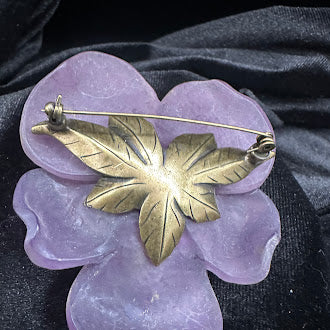 Translucent purple flower brooch with gold-tone wash and faux pearl and pink crystal center, view 3