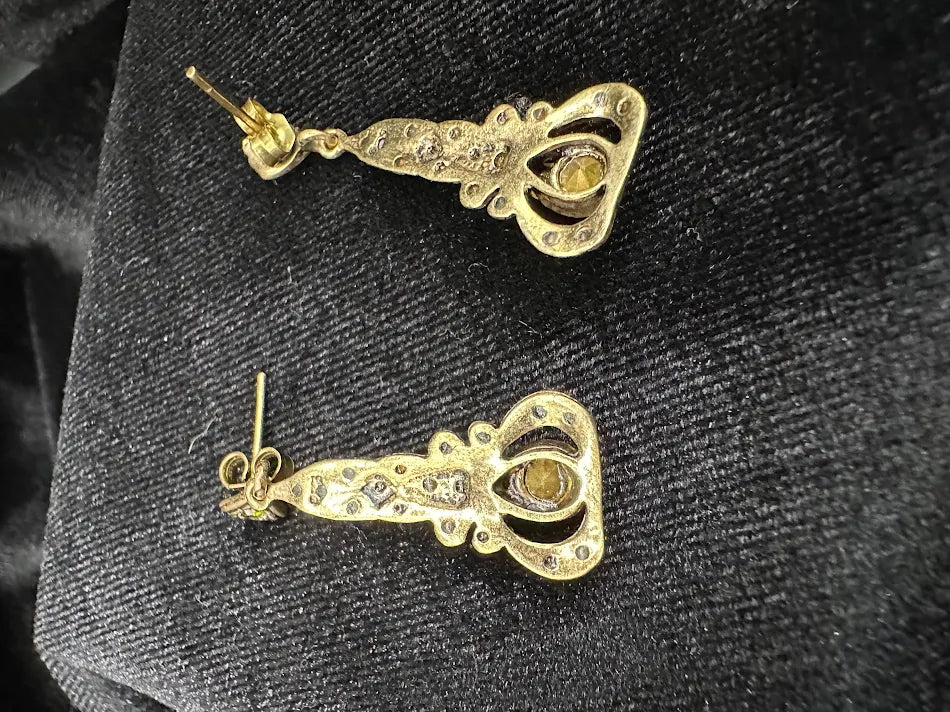 Gold-tone openwork drop earrings with green crystals and clear pavé rhinestones, view 5