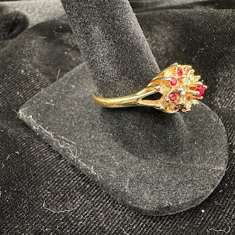 Vintage Style Gold Electroplate Ruby Red & Clear Crystal Floral Cocktail Ring – Size 6.75